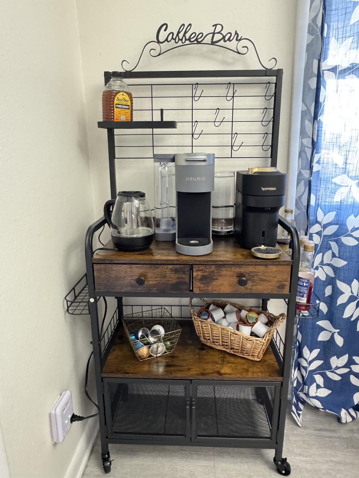 Rolling Coffee Bar Cart for Small Spaces, Coffee Station Cabinet with Storage, Apartment Coffee Nook, Side Syrup Rack, Tea Pod Drawer, Magnetic Doors, Lockable Wheels, Rustic Brown customer photo 2