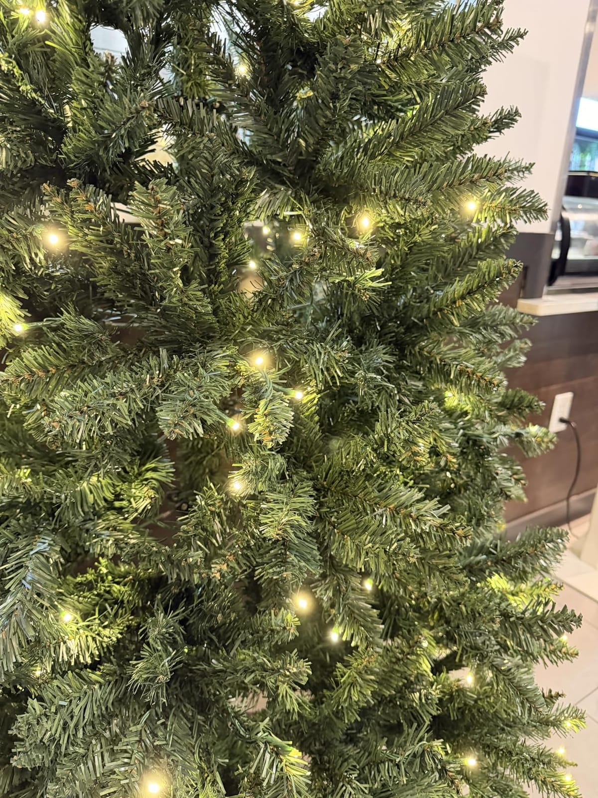 GOFLAME 8FT Pre-Lit Corner Christmas Tree, Hinged Artificial Xmas Tree with 1137 Branch Tips, 360 Warm White LED Lights and Metal Stand, Space-Saving Holiday Decoration Tree for Home Office Party customer photo 2