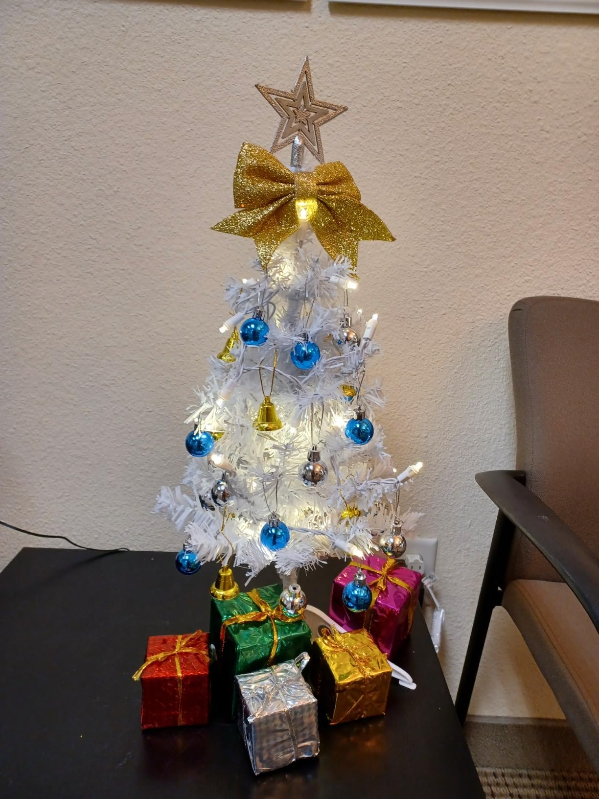 Small Christmas Tree with Lights - 23 Inch Mini Tabletop Christmas Tree with Warm-White LED Lights, Hanging Ornaments, Decorative Bow and Gift Boxes - Prelit Table Tree for DIY Christmas Decoration customer photo 2
