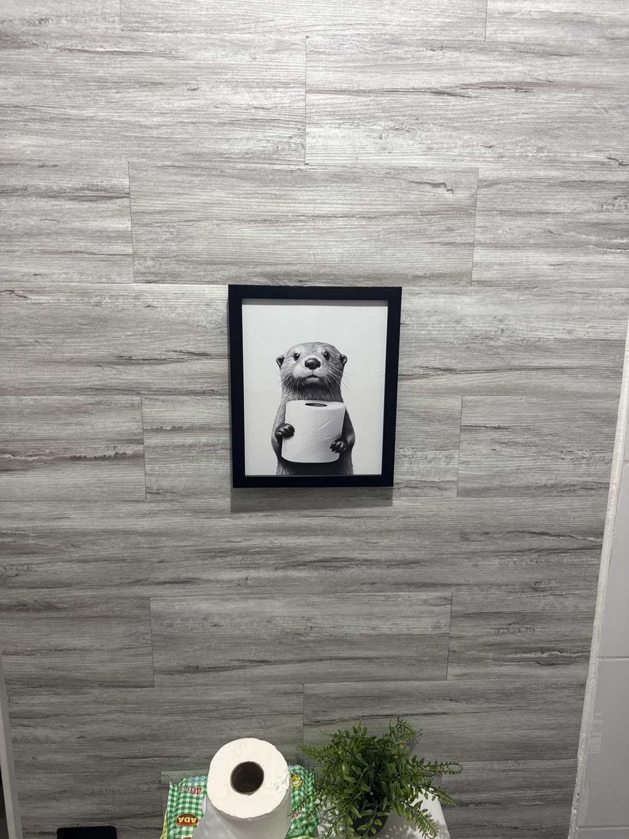 Bathroom Picture Wall Decor, Framed Black and White Bathroom Wall Art, Toilet Paper in Little Funny Raccoon's Hand Animal Canvas Print Painting customer photo 1