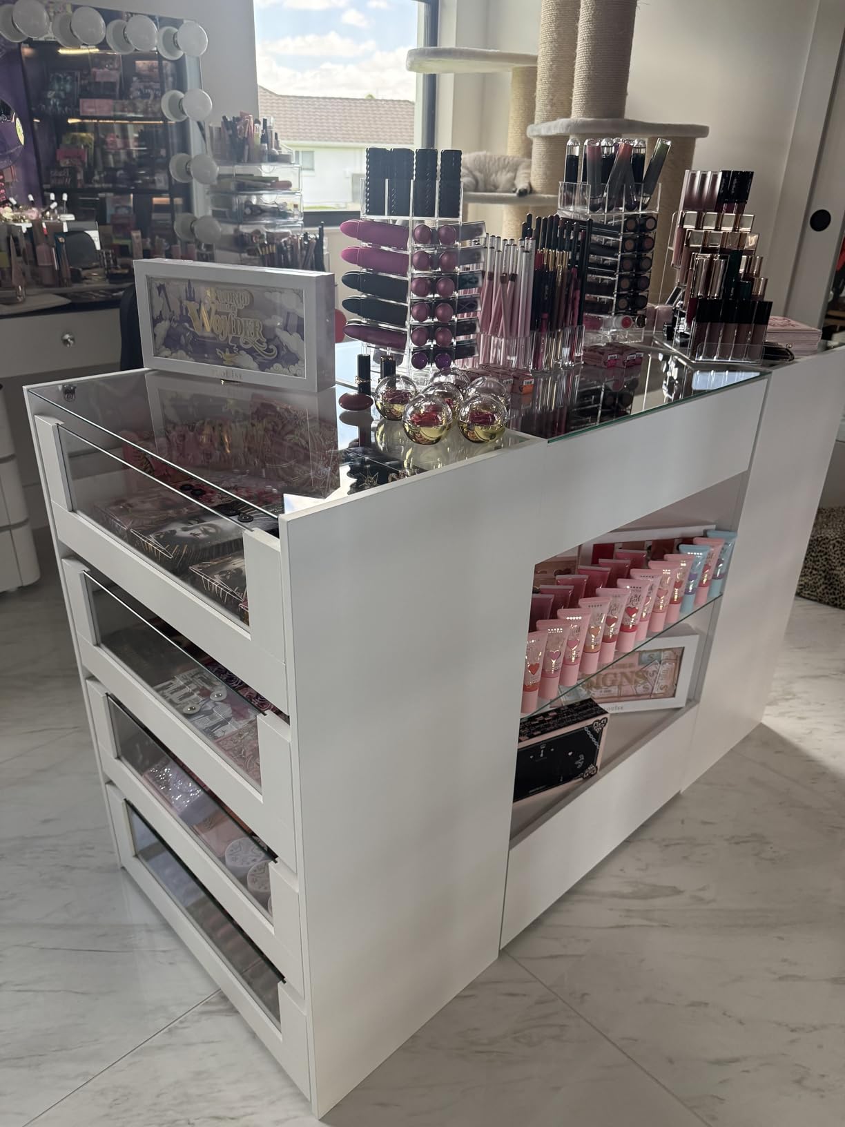 LIVAUVEAD Closet Island with 12 Drawers, Glass Top & Display Shelves, White customer photo 2