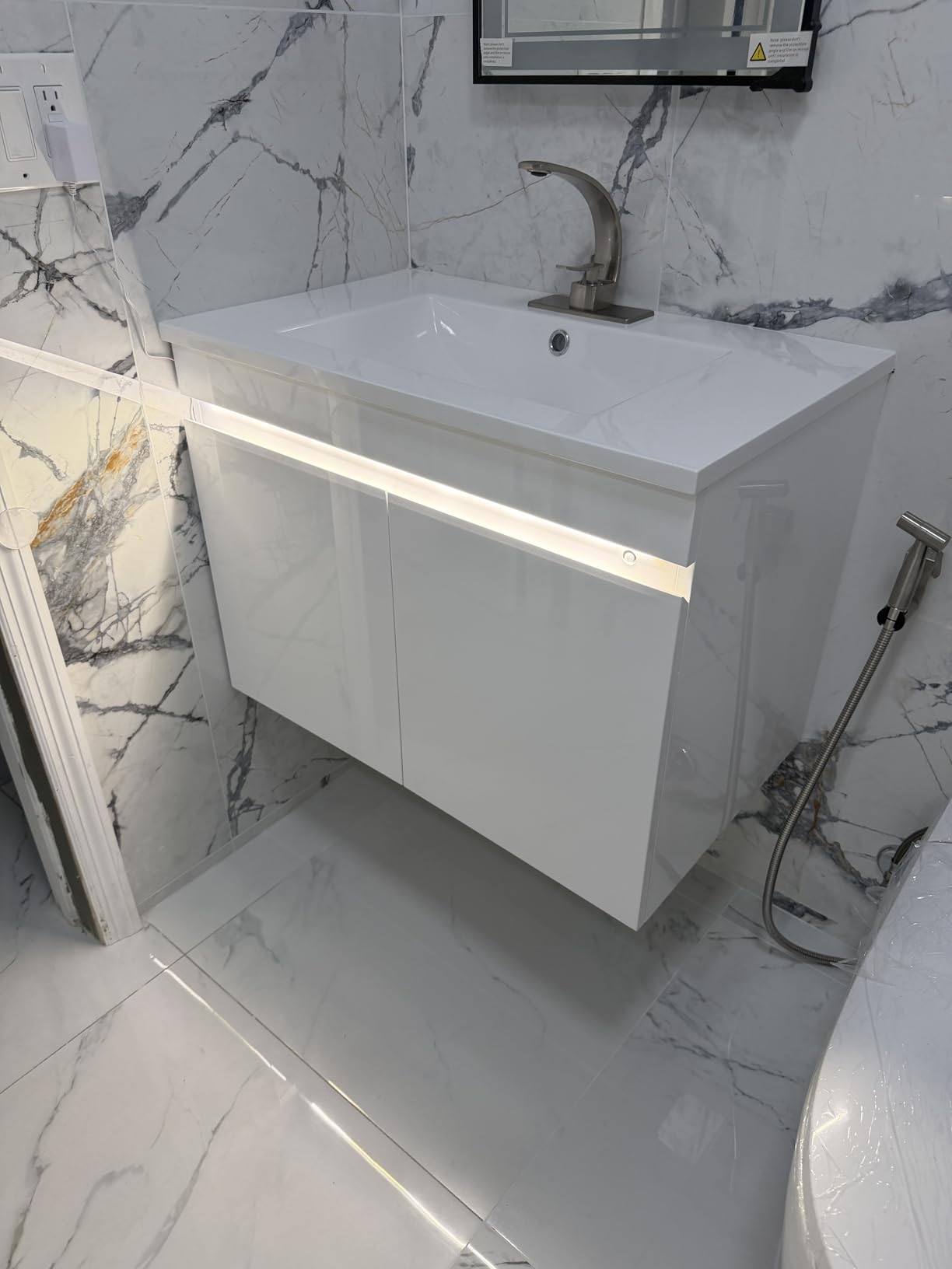 AHB 30 inch Bathroom Vanity W/Sink Combo, High Gloss Bathroom Cabinet, Smart Wall Mounted Sink Cabinet Auto Motion Sensor LED Light, Modern Floating Vanity with Faucet customer photo 2