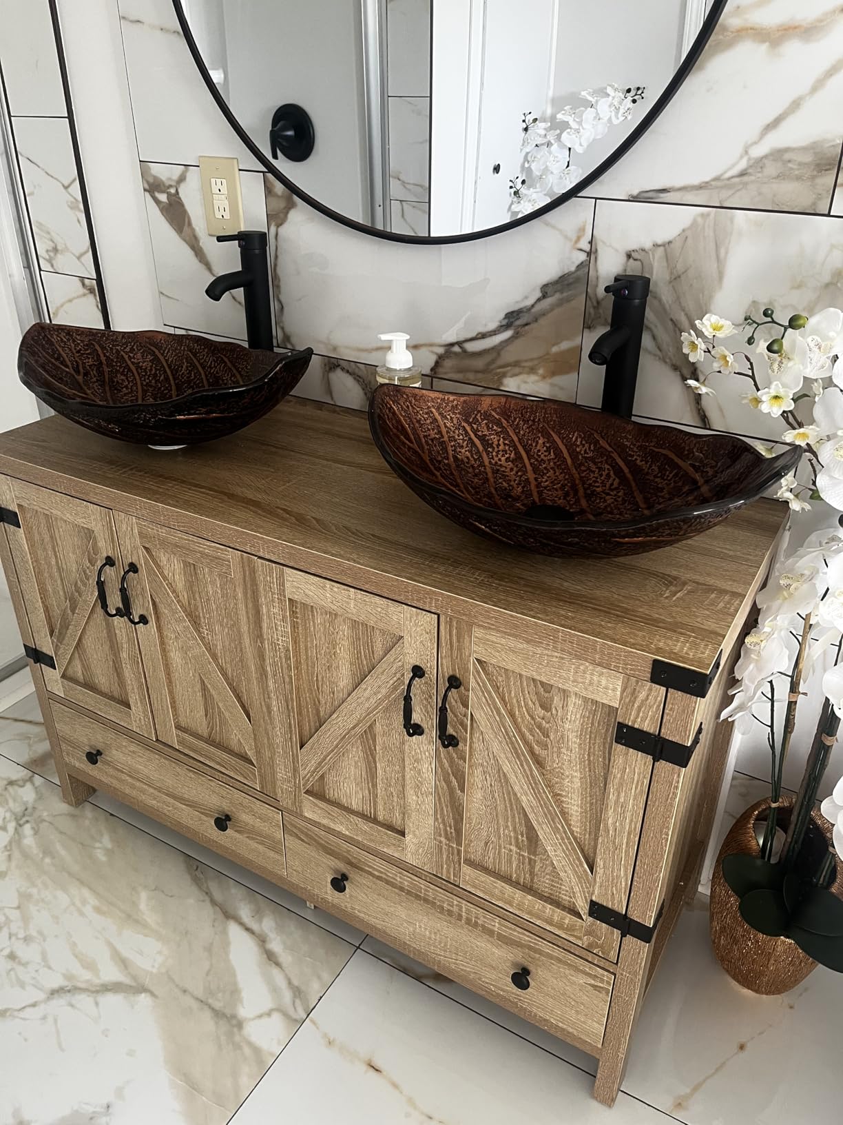 24 inch Natural Color Bathroom Vanity, Rustic Fixture Standing Pedestal Cabinet with White Ceramic Vessel Sink customer photo 1
