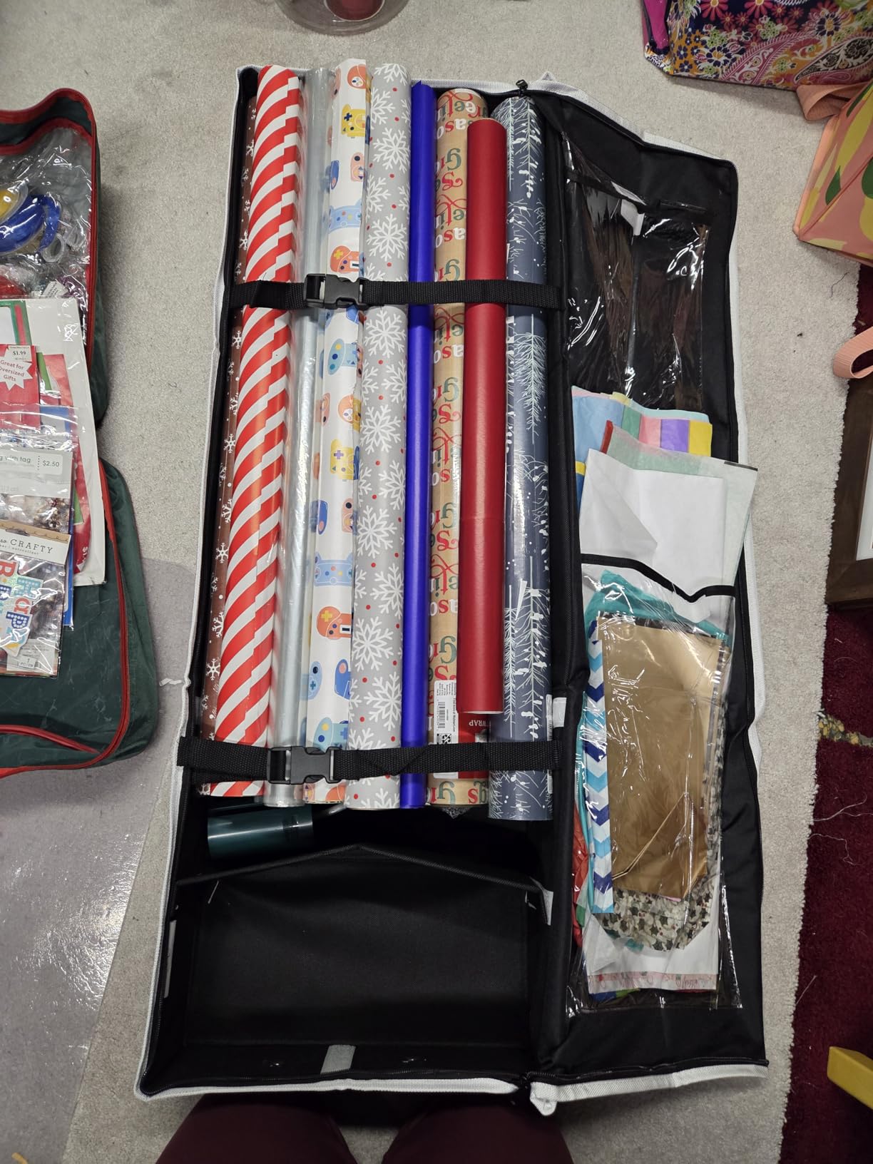 Hearth & Harbor Wrapping Paper Storage Container - Christmas Storage Bag with Interior Pockets - Gift Wrap Organizer Fits Up to 22 Rolls of 40