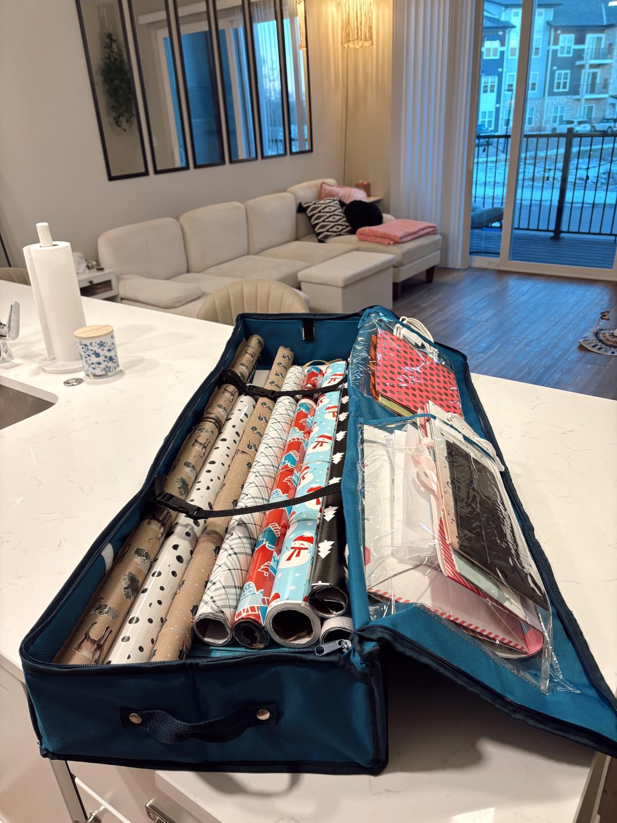Hearth & Harbor Wrapping Paper Storage Container - Christmas Storage Bag with Interior Pockets - Gift Wrap Organizer Fits Up to 22 Rolls of 40