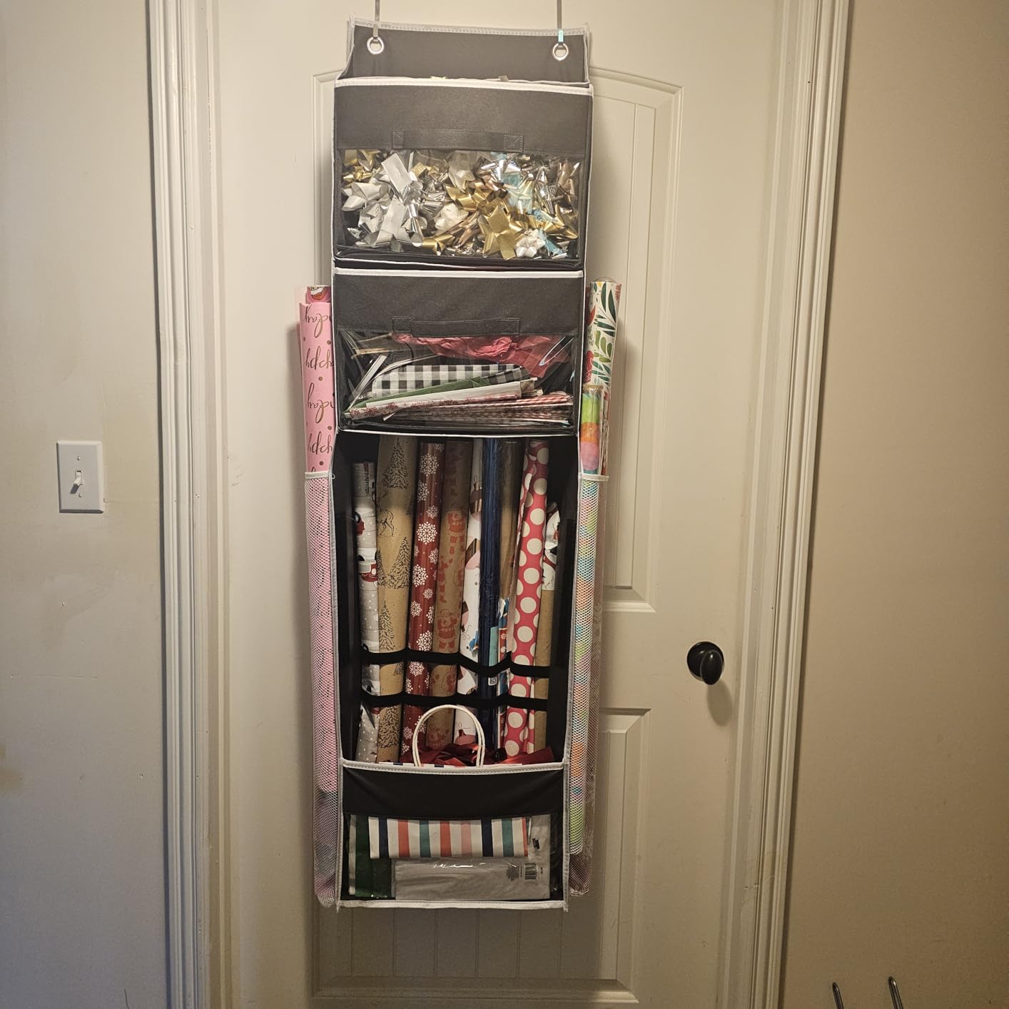 Over Door Wrapping Paper Organizer Storage with 3 Removable Drawers & Side Pockets – Dual Use Design with Elastic Straps – Christmas Gift Wrap Storage for Ribbons, Bows, Ornament and Other Tools 1Pack customer photo 2