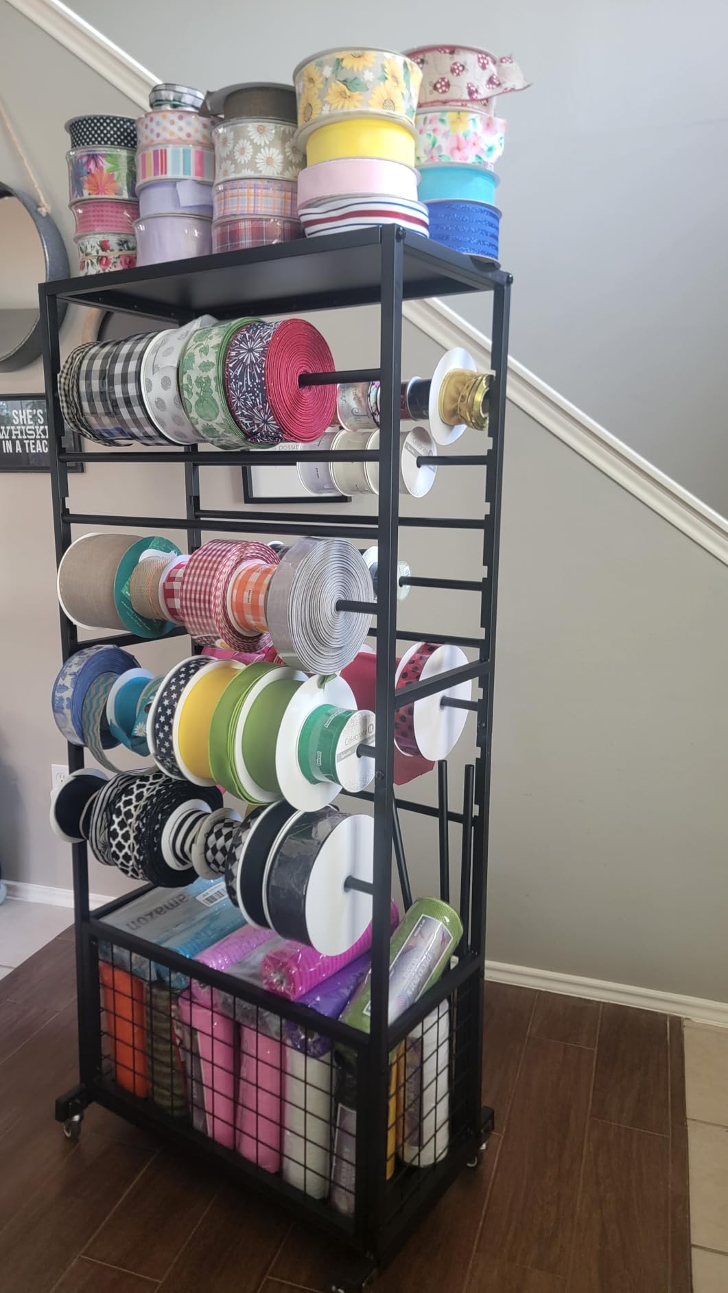 16 Tier Ribbon Holder Rack, Multifunctional Flower Wrapping Paper Rack,Double-Sided Ribbon Spool Shelf Suitable for Flower Shop, Craft Room, Cake Shop Ribbon Display Stand (Black) customer photo 2