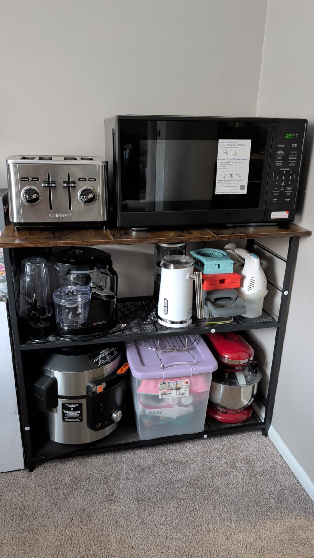Kitchen Island with 3 Shelves, Rolling Kitchen Cart with 6 Hooks and Protective Shelf, Microwave Stand on Lockable Wheels, Bakers Rack Coffee Bar for Dining, Living Room, Outdoor, Metal Frame customer photo 2