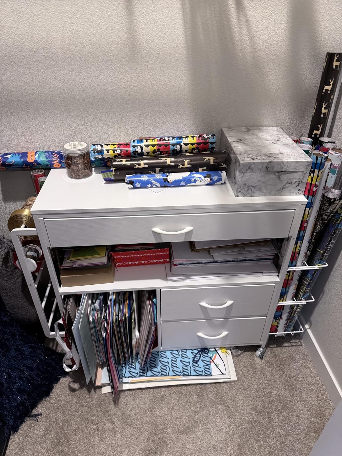 Wrapping Paper Storage & Organizer, Craft Cart with Ribbon & Gift Bag Storage, Wrapping Paper Organizer Holder(2 Wooden Drawers-White) customer photo 1