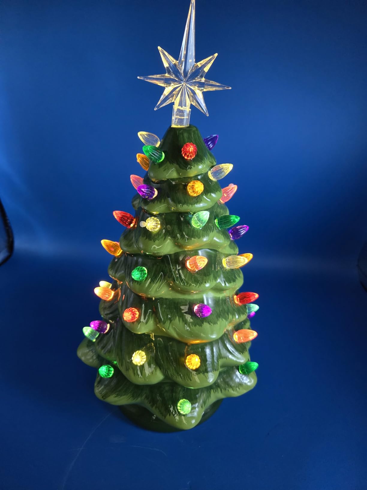 Brightown 13 Inch Ceramic Christmas Tree, Pre-lit Tabletop Christmas Tree with Multicolored LED Lights, Battery Operated Vintage Lighted Ceramic Tree for Home Office Table Holiday Decorations, Green customer photo 1