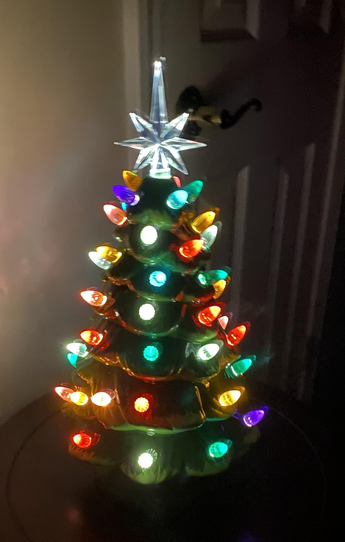 Brightown 13 Inch Ceramic Christmas Tree, Pre-lit Tabletop Christmas Tree with Multicolored LED Lights, Battery Operated Vintage Lighted Ceramic Tree for Home Office Table Holiday Decorations, Green customer photo 2