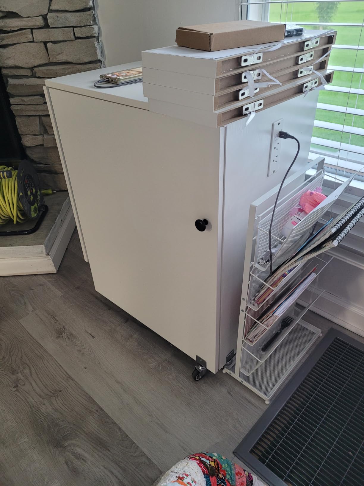 GIANTEX Folding Sewing Table with Charging Station, Storage Trays & Shelf customer photo 2