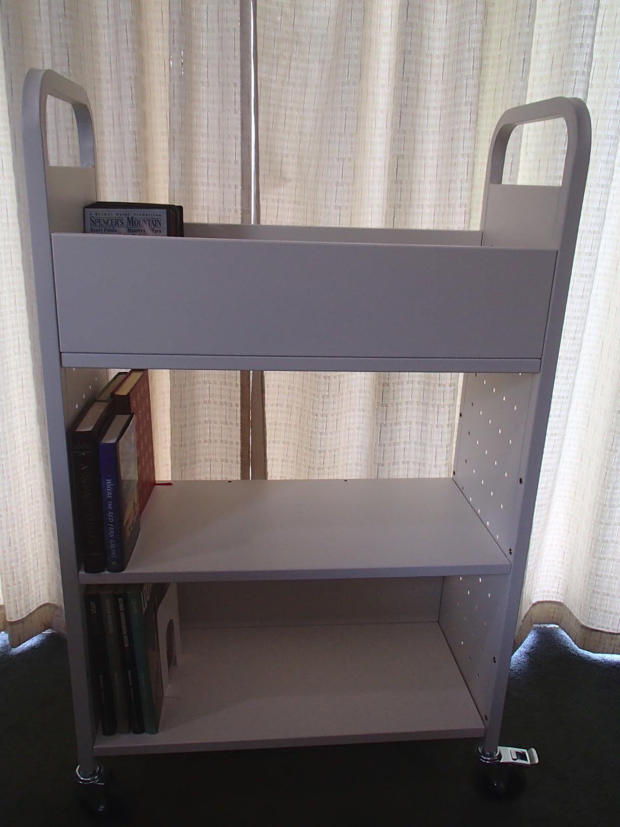 VEVOR Rolling Library Book Cart, 330 lbs Capacity, 38.2 x 20.3 x 48.2-Inch Library Cart, Double Sided W-Shaped Shelves with 3-Inch Lockable Wheels, Book Truck for Home Shelves Office and School, White customer photo 1