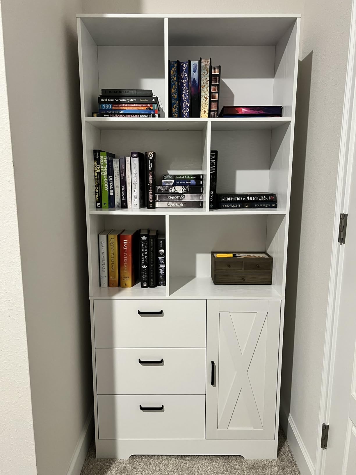 IRONCK 70.9-Inch Bookcase with Doors and 3 Drawers, Black | 6 Open Cubes for Display and Storage, Ample Storage for Books and Decor, Suitable for Living Room, Home Office customer photo 1