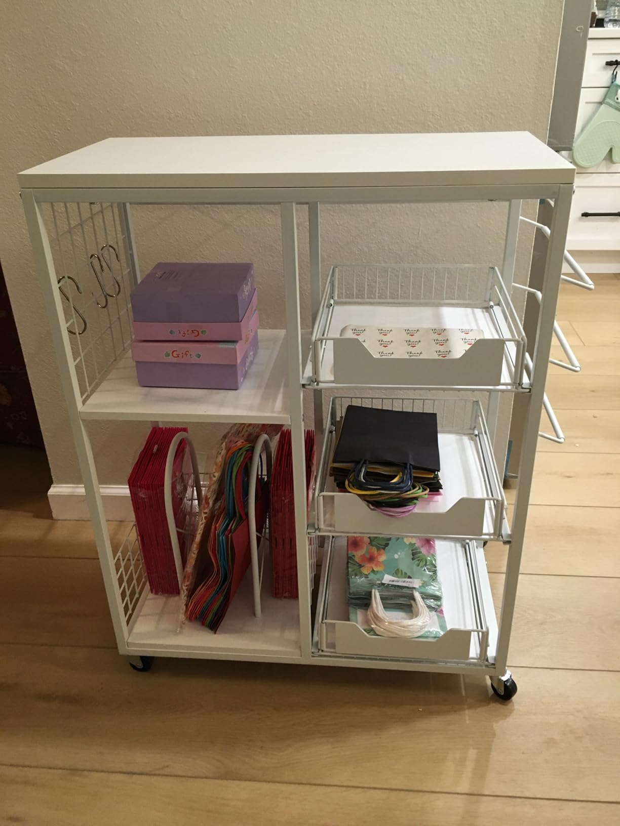 Wrapping Paper Organizer Storage with Wheels, Rolling Gift Wrap Cart with Ribbon and Gift Bag Storage, Craft Organization with 20 Roll Holders and 3 Drawers, White customer photo 1