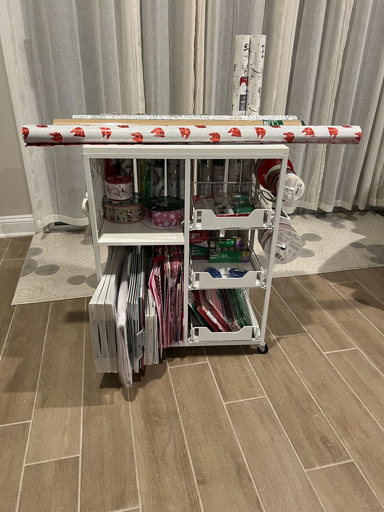 LUCKUP Rolling Wrapping Paper Organizer Cart – Gift Wrap Storage with Wheels, 20 Roll Holders, 3 Drawers & Ribbon Dispenser, Craft Organizer for Christmas, Birthdays, White customer photo 2