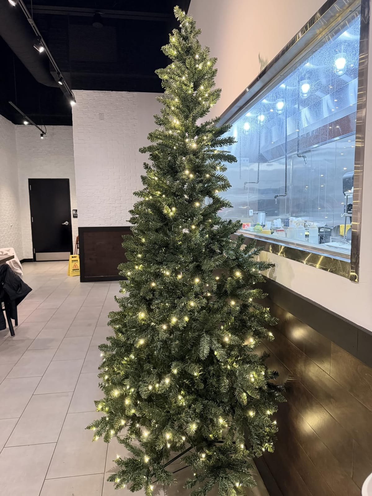 GOFLAME 7FT Pre-lit Half Christmas Tree, Snow Flocked Artificial Xmas Tree with 852 Branch Tips, 240 Dimmable Warm White & Multi-Colored LED Lights, 9 Lighting Modes, Timer, Remote for Holiday Decor customer photo 1