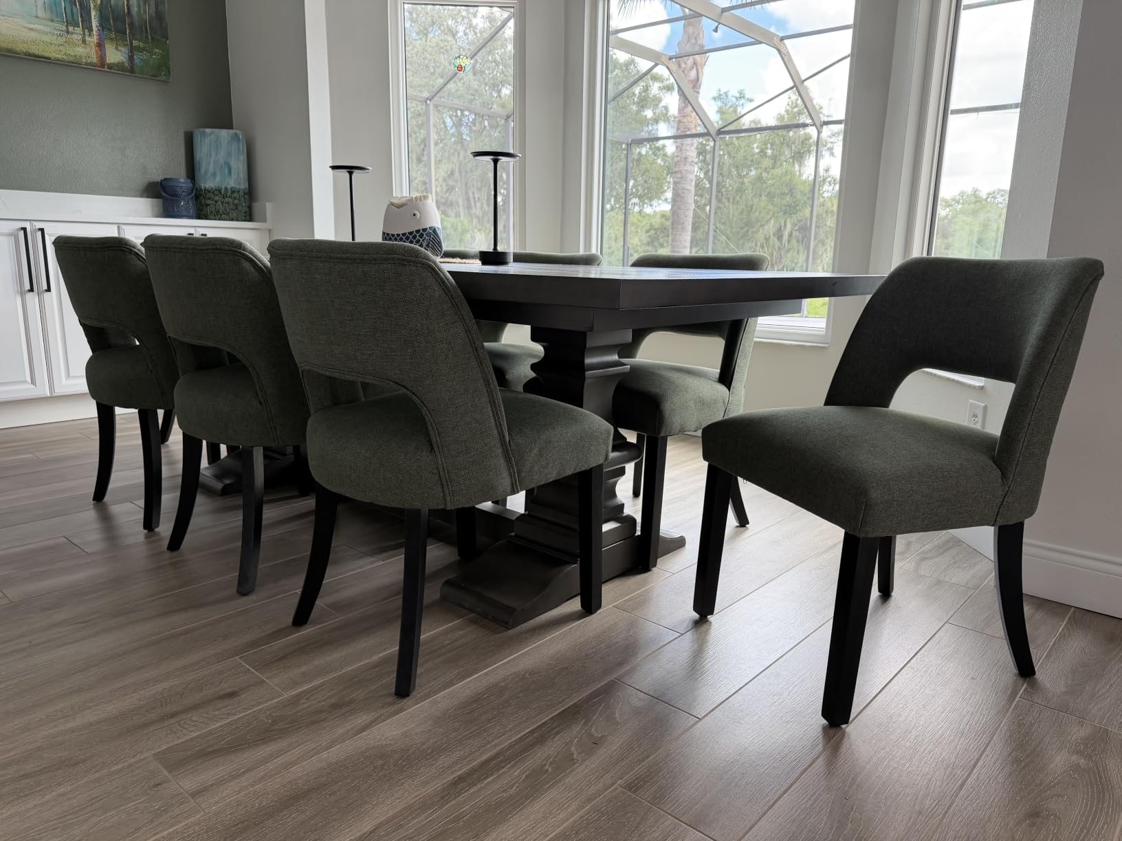 keoni Wooden Dining Chairs Set of 4, Mid Century Modern Upholstered Dining Room Chairs with Black Wood Legs, Fabric Farmhouse Kitchen Chairs with Foot Pegs for Dining Room, Light Gray customer photo 2