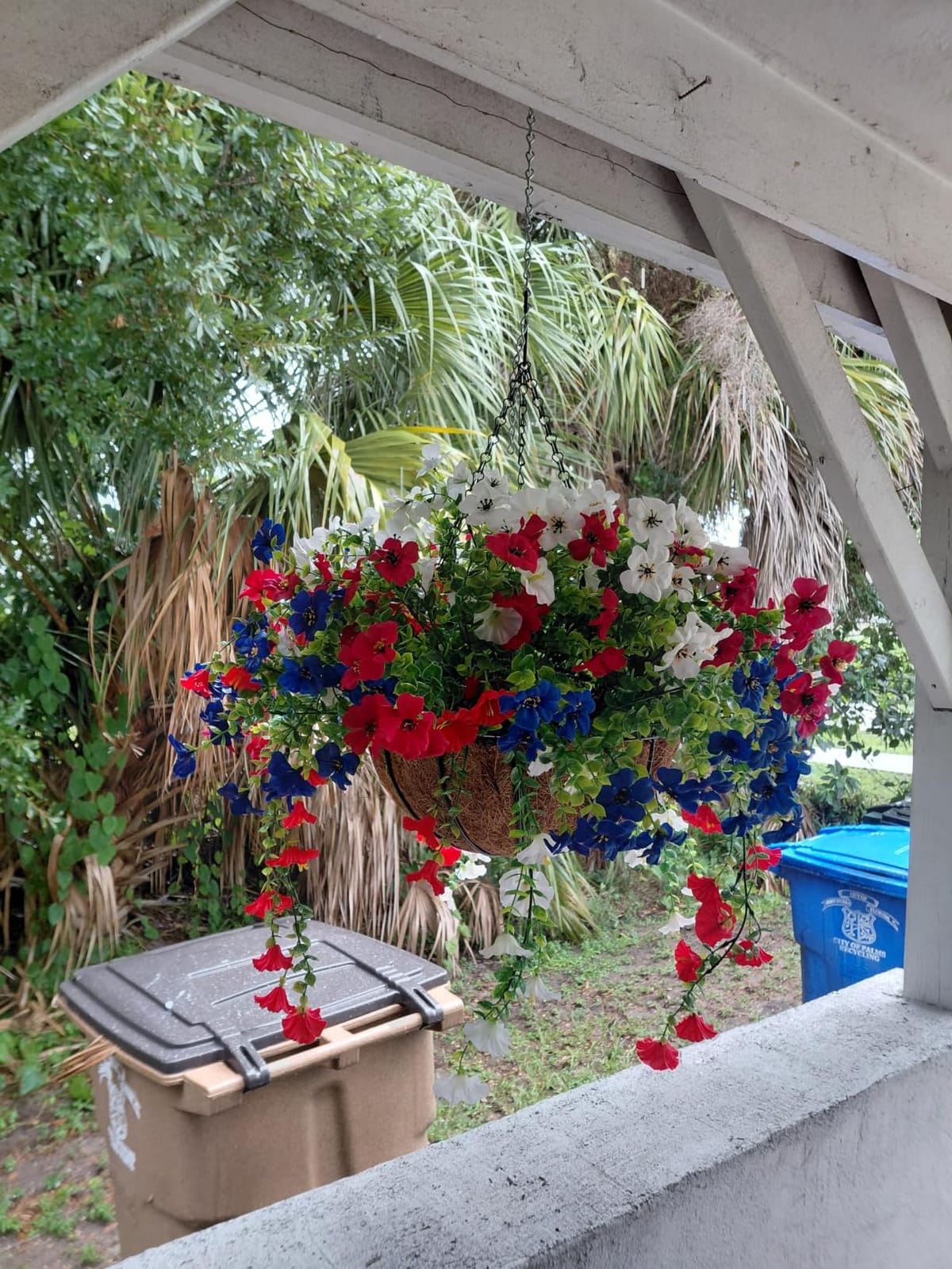 Hananona 2 Set Artificial Outdoor Flowers with Hanging Basket, 2 Hanging Planters with 24 Pcs Patriotic Flowers for Summer Front Porch Patio 4th of July Decor (Red, White, Blue) customer photo 1