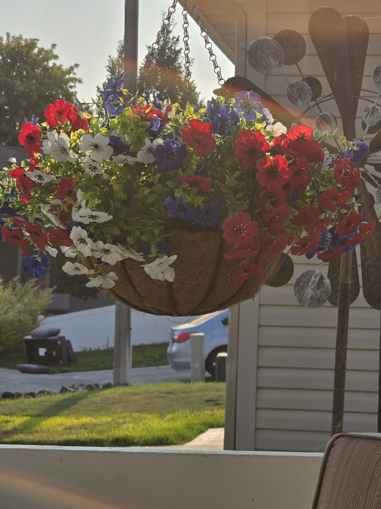 Hananona 2 Set Artificial Outdoor Flowers with Hanging Basket, 2 Hanging Planters with 24 Pcs Patriotic Flowers for Summer Front Porch Patio 4th of July Decor (Red, White, Blue) customer photo 2