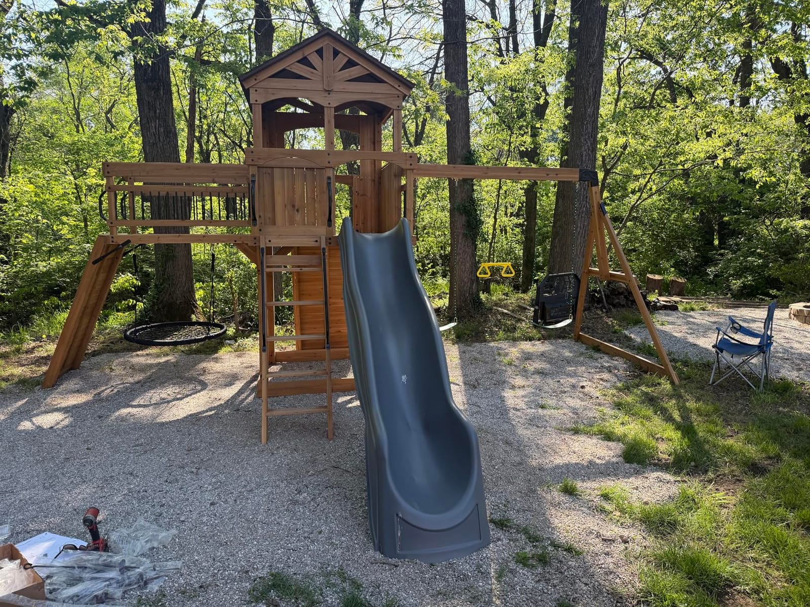 Backyard Discovery Dover Bay Spruce Wood Swing Set with Wave Slide, Clubhouse, Monkey Bars, Rock Wall, Belt Swings, Step Ladder, Toy Telescope, Chalkboard, Outdoor Playset customer photo 2