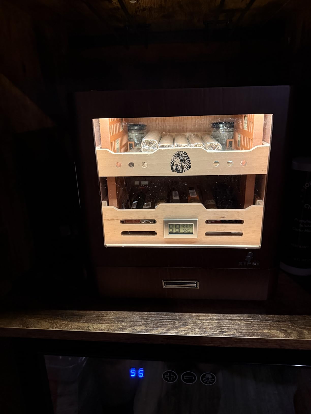 XIFEI Cigar Humidor Cabinet, Glass Top Humidors with Adjustable LED Lighting, Acrylic & Glass Tube, Digital Hygrometer, 2 Humidifiers, Cedar Wood Humidor with Accessory Drawer for Gifts customer photo 2