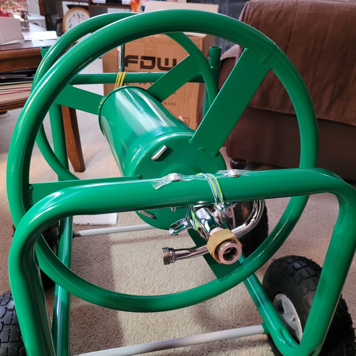 FDW Garden Hose Reel Cart, Water Hose Cart with 4 Wheels, Hold Up to 300 ft of 5/8’’ Hose，Heavy Duty Powder-Coated Steel Planting with Storage Basket, for Garden, Yard and Lawn customer photo 1