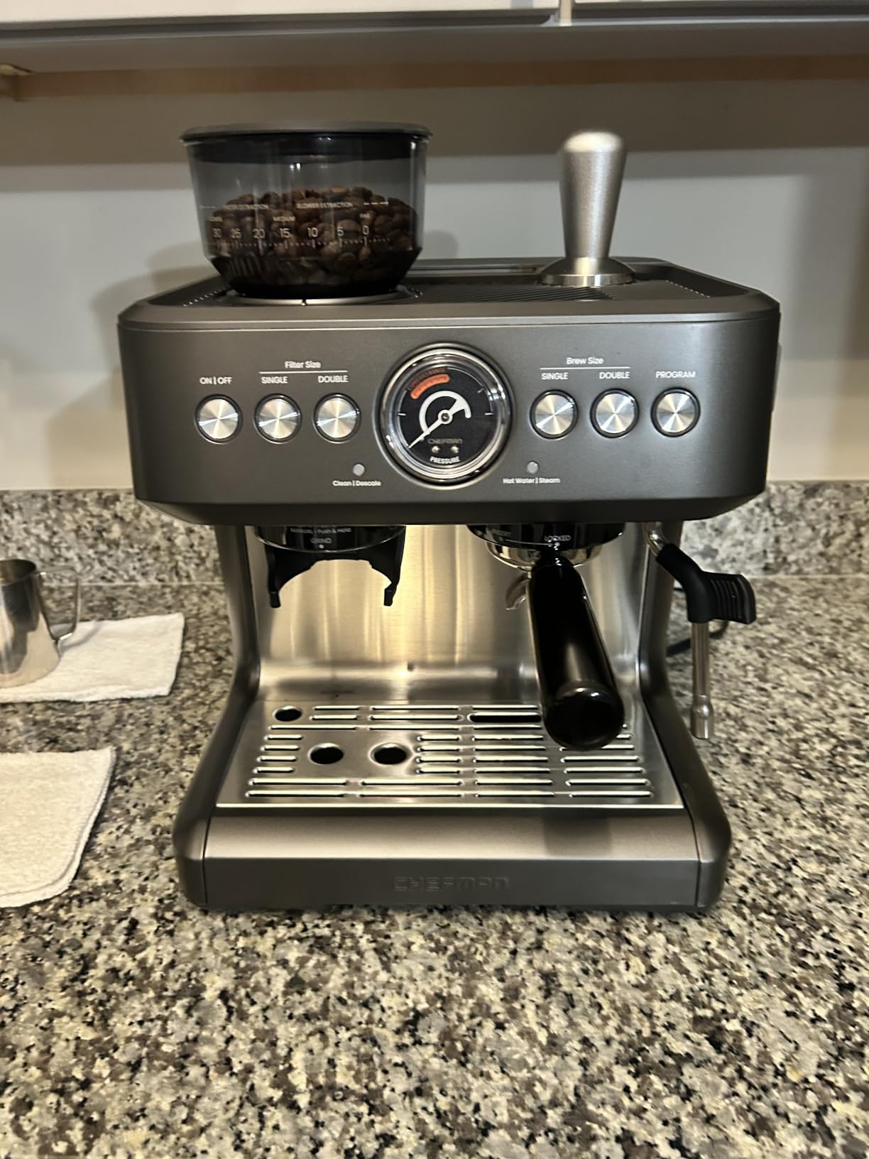 Chefman 6-in-1 Espresso Machine with Built-In Milk Frother, 15-BAR Pump, Digital Display, One-Touch Single or Double Shot for Cappuccinos and Lattes, XL 1.8-L Water Reservoir, Stainless Steel customer photo 1