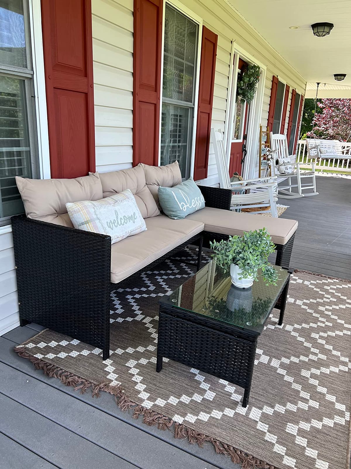 DORTALA Wicker Patio Furniture Set Couch 3 Piece, L-Shaped PE Rattan Outdoor Sectional Sofa Conversation Set with Loveseat, Lounge and Tempered Glass Coffee Table for Garden Lawn Deck, Grey customer photo 1