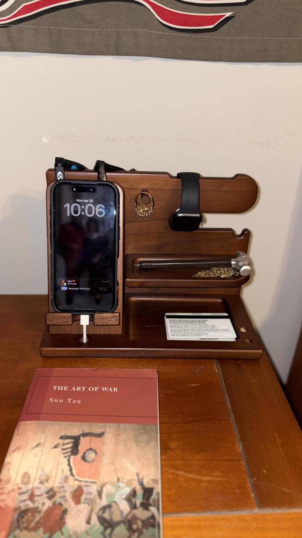TESLYAR Wood Phone Docking Station for Men - Desk or Nightstand Organizer - Birthday Gifts for Husband, Dad - Anniversary Idea from Wife - Key Holder, Stand Wallet, Watch & Essentials (Bourbon Brown) customer photo 1