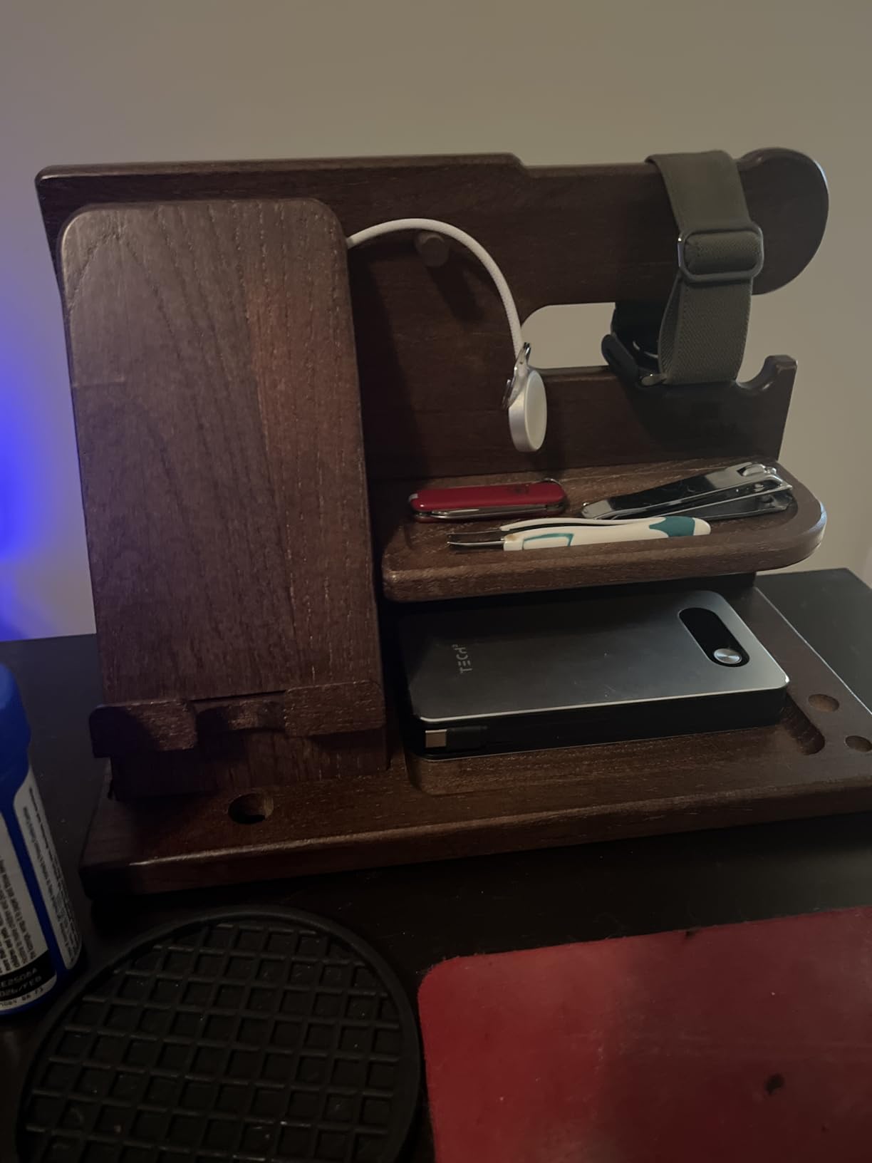 TESLYAR Wood Phone Docking Station for Men - Desk or Nightstand Organizer - Birthday Gifts for Husband, Dad - Anniversary Idea from Wife - Key Holder, Stand Wallet, Watch & Essentials (Bourbon Brown) customer photo 2
