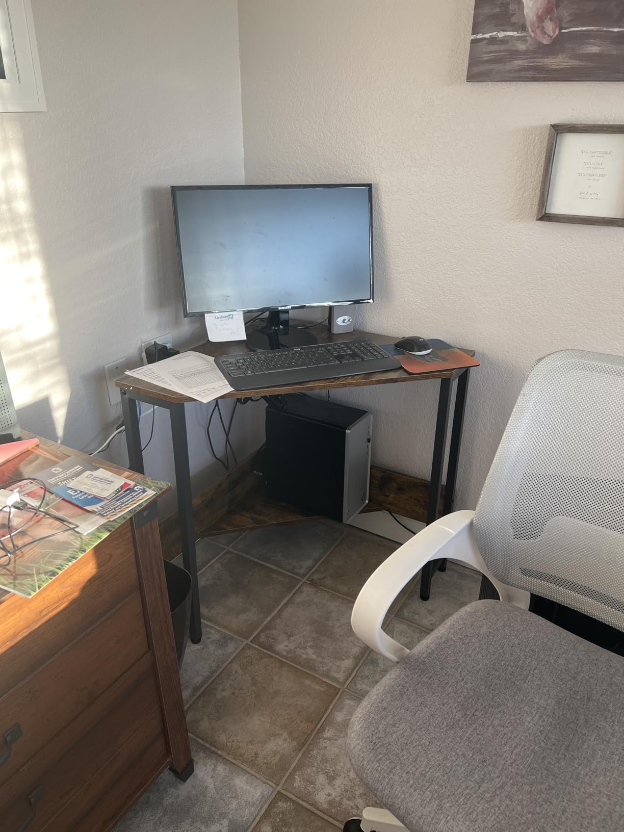 Armocity Corner Desk Small Desk with Outlets Corner Table for Small Space, Computer Desk with USB Ports Triangle Desk with Storage for Home Office, Workstation, Living Room, Bedroom, White customer photo 1