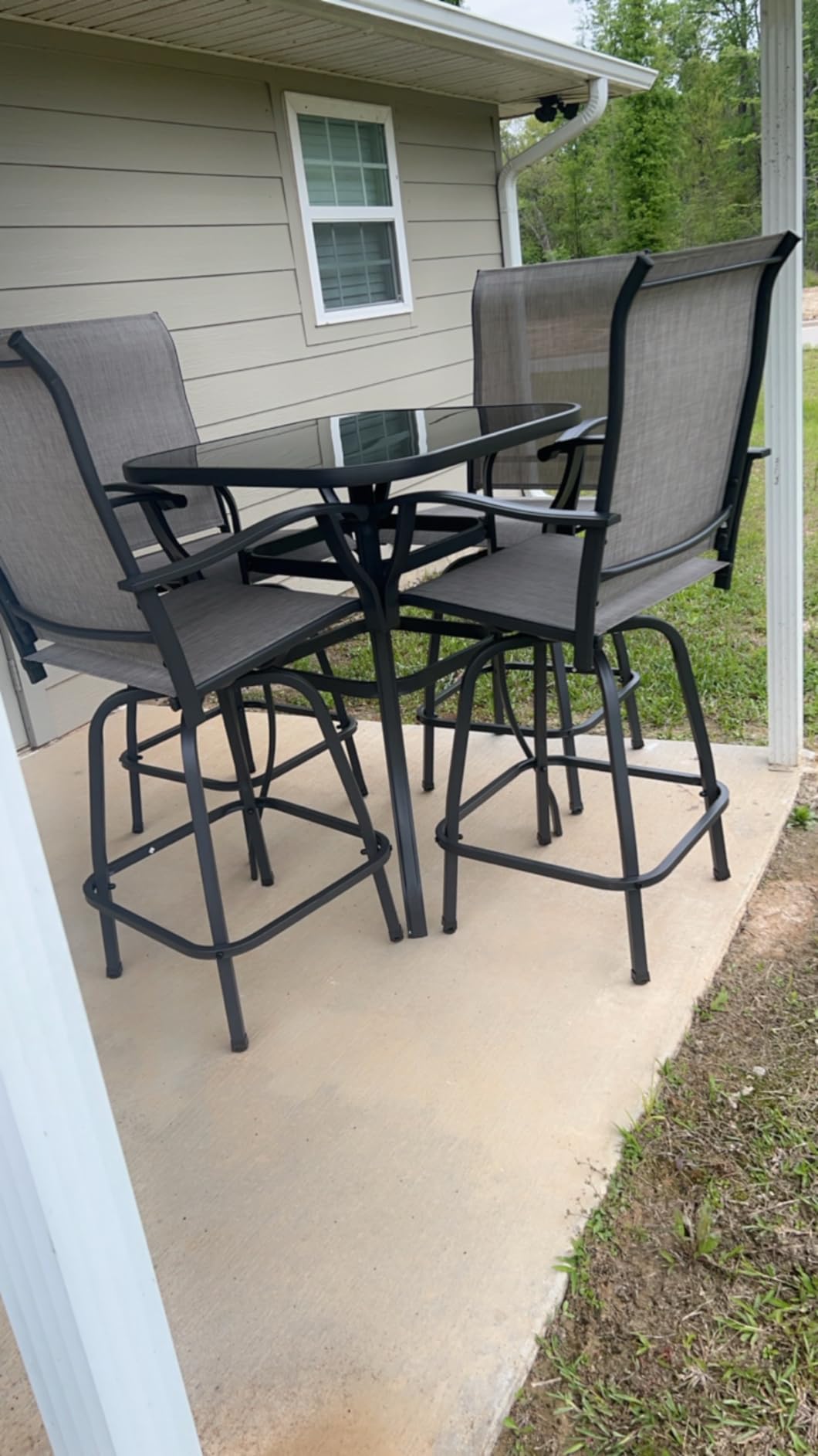 Vongrasig 3 Piece Patio Swivel Bar Set, All Weather Mental Textilene High Swivel Stools Chair Set of 2 and Glass Bar Table, Outdoor High Top Bistro Set for Lawn Garden, Balcony, Taupe customer photo 2