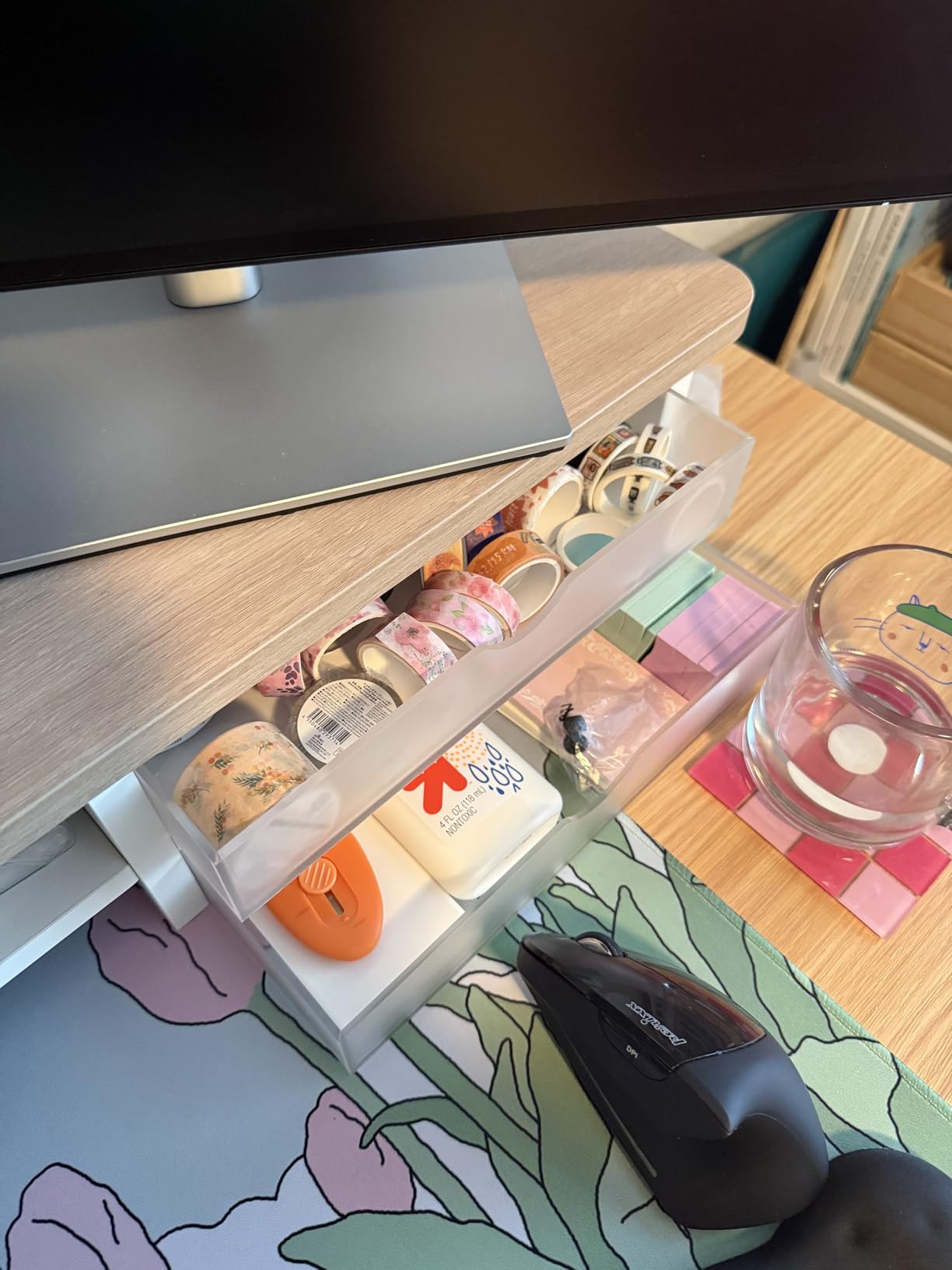 Fenge Monitor Stand, Desk Computer Riser with Frosted Storage Drawer, Oak customer photo 2