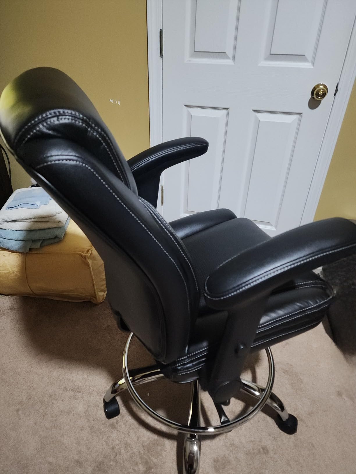 Ergonomic Mid-Back Premium Faux Leather Adjustable Drafting Chair with Multi-Function Arms and Foot Ring, Standing-Desk Matched Tall Swivel Computer Office Stool, Black customer photo 1