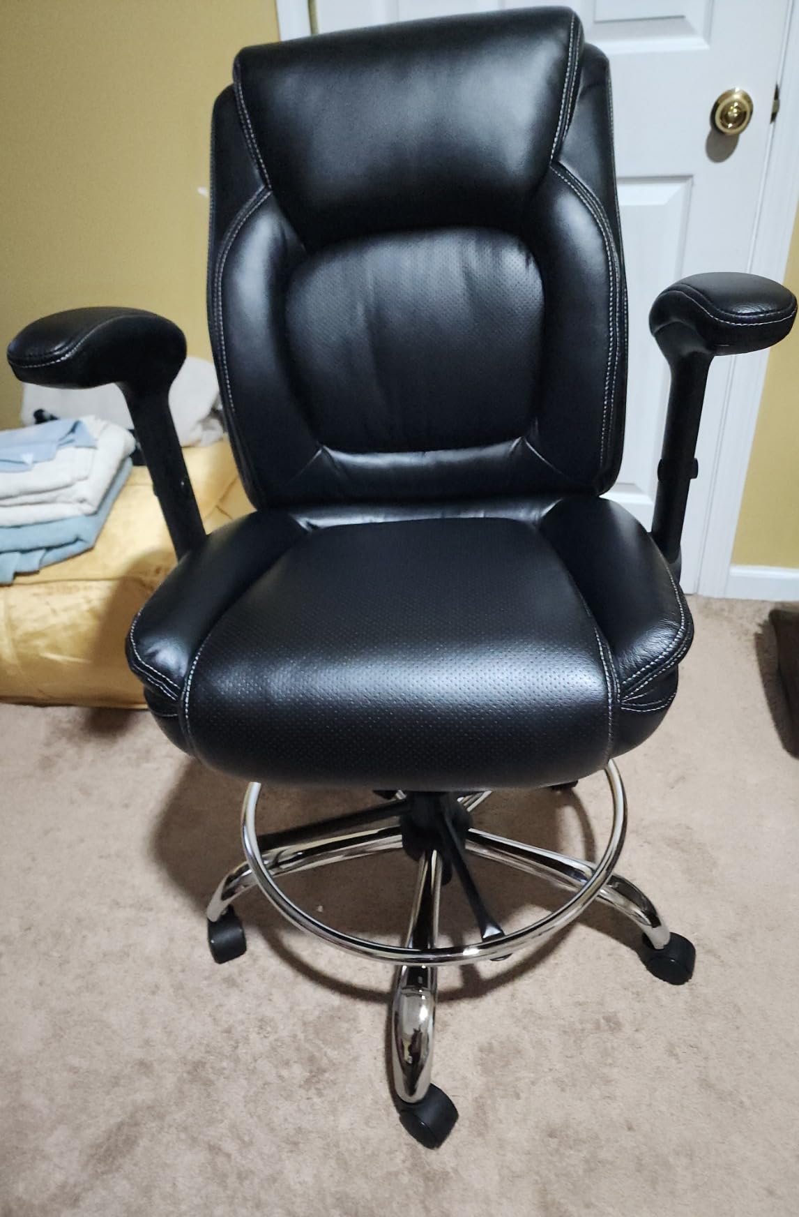 Ergonomic Mid-Back Premium Faux Leather Adjustable Drafting Chair with Multi-Function Arms and Foot Ring, Standing-Desk Matched Tall Swivel Computer Office Stool, Black customer photo 2