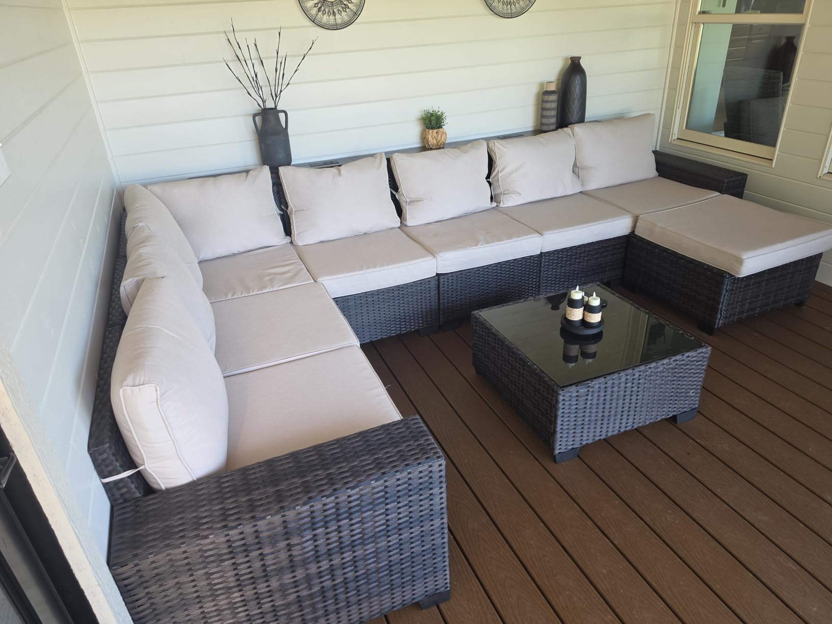 JOYURE 10 Pieces Patio Furniture Set All-Weather Outdoor Wicker Sectional Conversation Sofa Rattan Patio Seating Sofa with Cushion and Glass Table for Porch Poolside,Beige customer photo 2