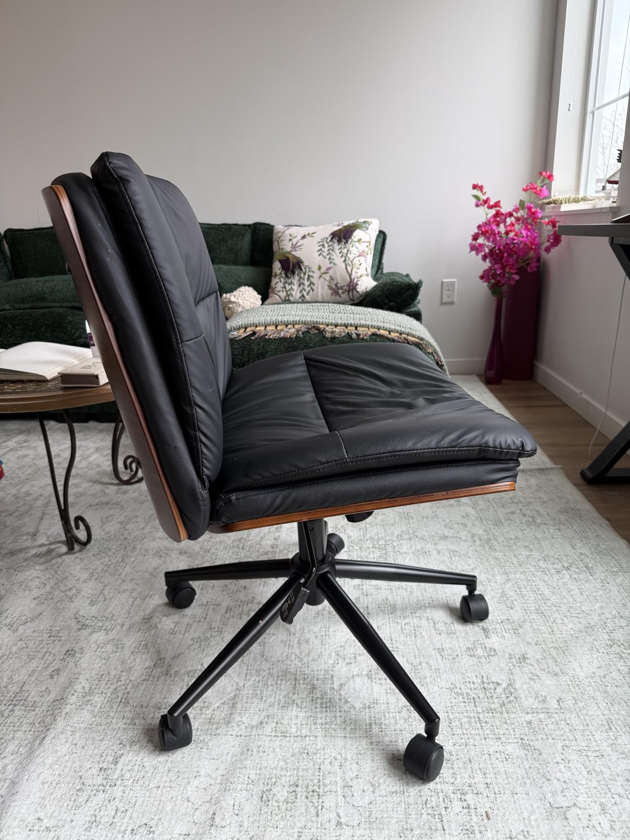 Armless Modern Walnut Office Desk Chair with Wheels, PU Leather Adjustable Wide Swivel Task Chair, Ergonomic Cross Legged Computer Chair for Conference Room, Home Office (Black) customer photo 1