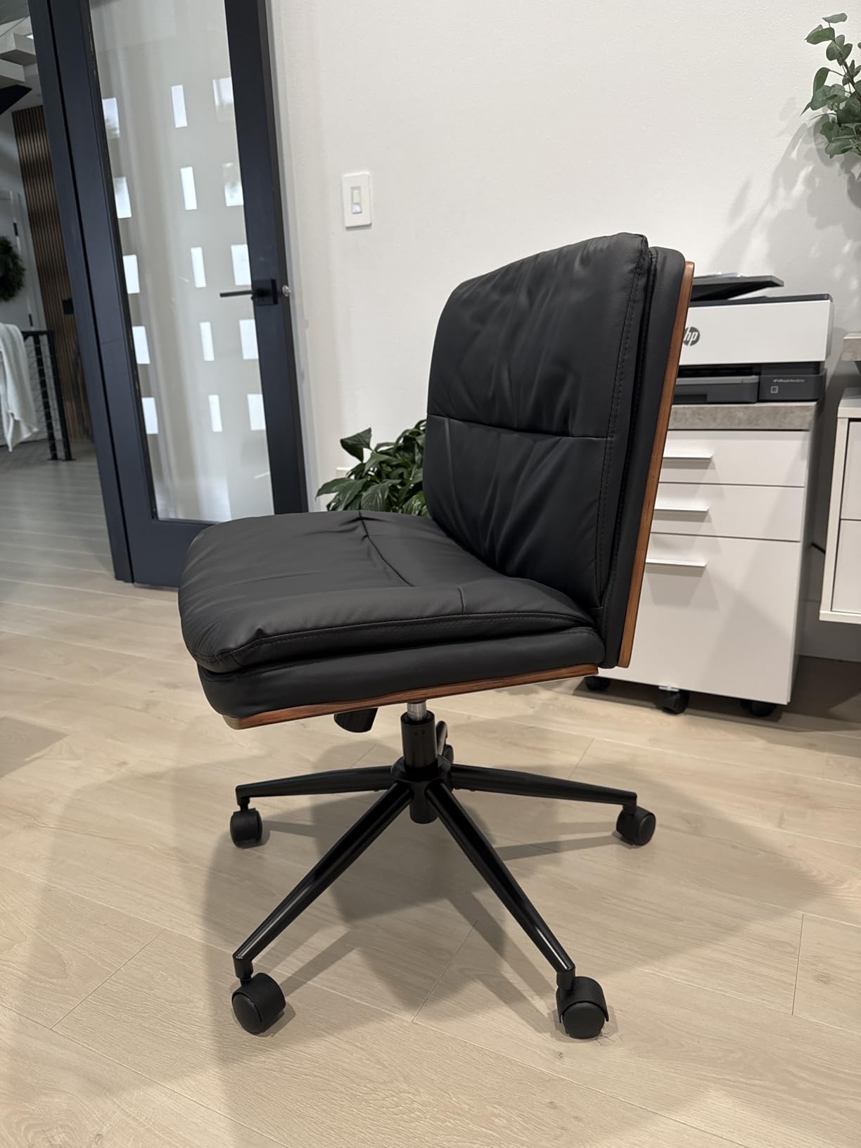 Armless Modern Walnut Office Desk Chair with Wheels, PU Leather Adjustable Wide Swivel Task Chair, Ergonomic Cross Legged Computer Chair for Conference Room, Home Office (Black) customer photo 2