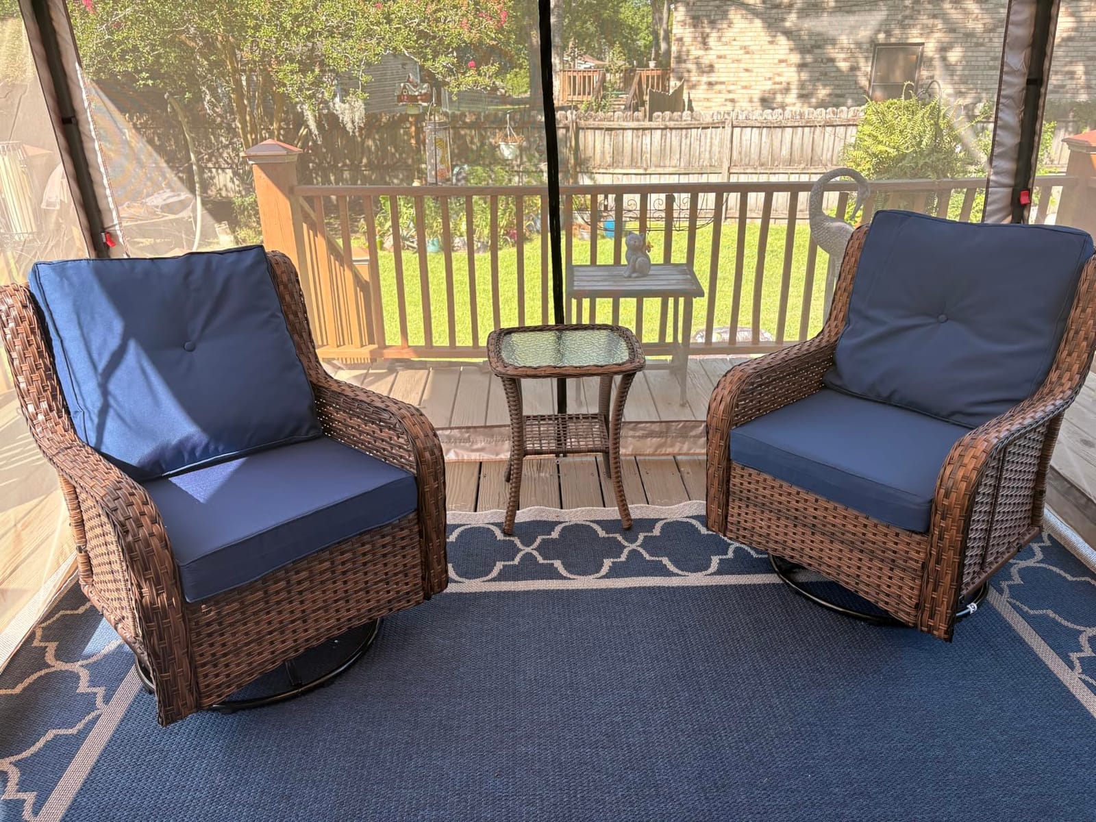 Wumiokio Patio Furniture Sets, 3 Pieces Wicker Outdoor Furniture - 360 Degree Swivel Rocking Chairs and Rattan Side Table for Garden,Porch,Backyard (Grey Wicker/Blue Cushion, 3PCS - Swivel Chairs) customer photo 1