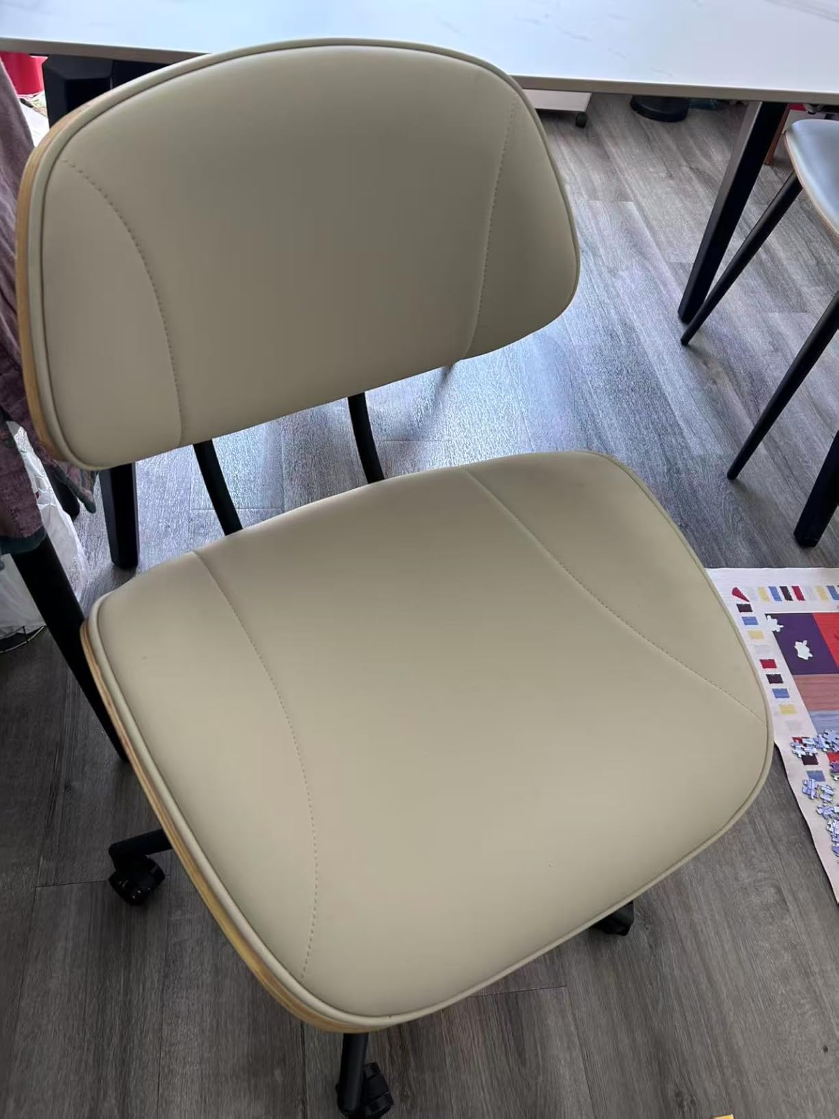 Armless Office Chair with Wheels, PU Leather Desk Chair, Beige customer photo 1
