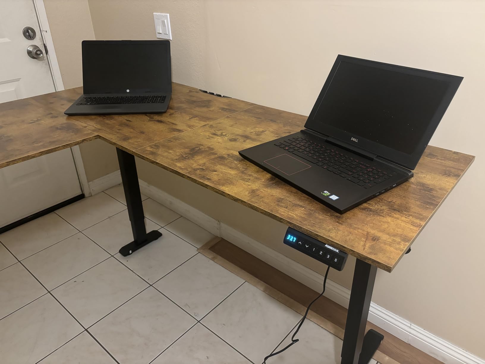 Agilestic L Shaped Standing Desk 63 inch Adjustable Height, Electric Corner Standing Desk, Sit Stand Computer Table with Splice Board, Rustic Brown customer photo 1